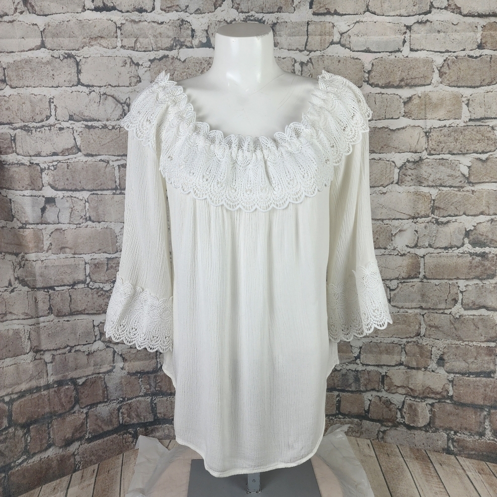 cream Bea Lace Collar and Cuff Feminine Blouse Off White Size 38/Small/Med - Picture 5 of 16